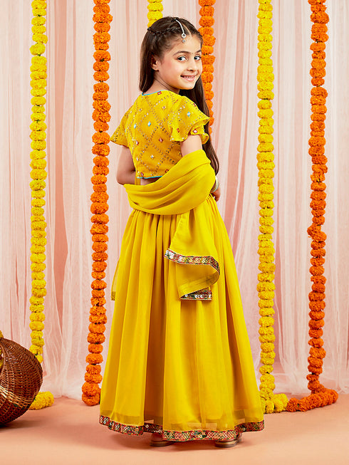 Girl's' Yellow Mirror Georgette Lehenga Set